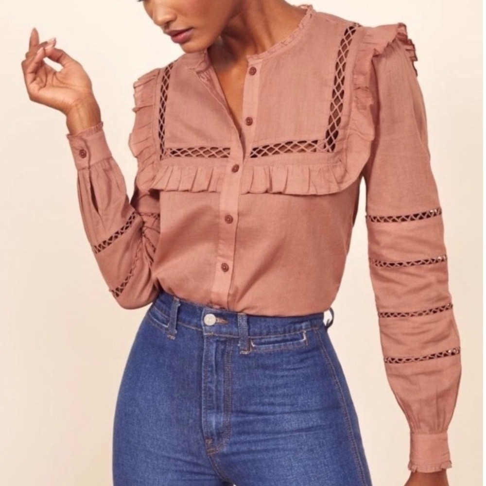 Reformation‎ Rosey Blouse in Praline Lace Trim Crochet Ruffle Button Top - Small
